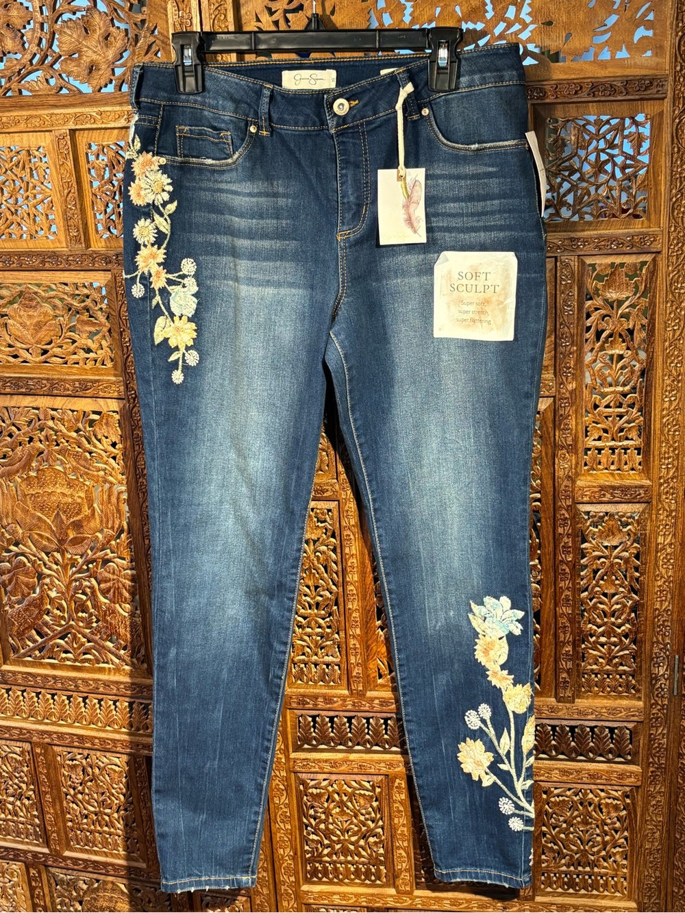 NWT Jessica Simpson Dark Blue Skinny Jeans with Yellow & Cream Floral Embroidery